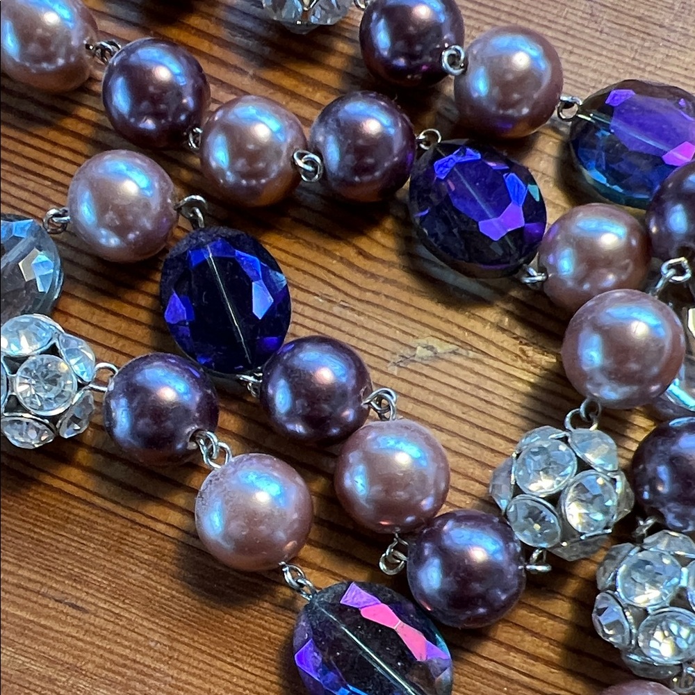 Long Purple, Faux Pearl, and Crystal Necklace